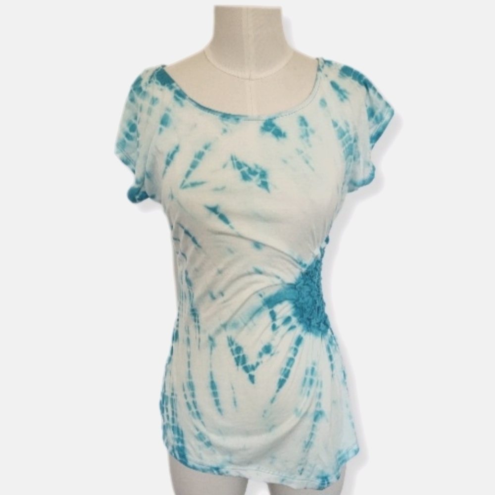 Coolwear Blouse Turquoise Tie Dye Cap Sleeve Top Rouched Sides NEW Size S
